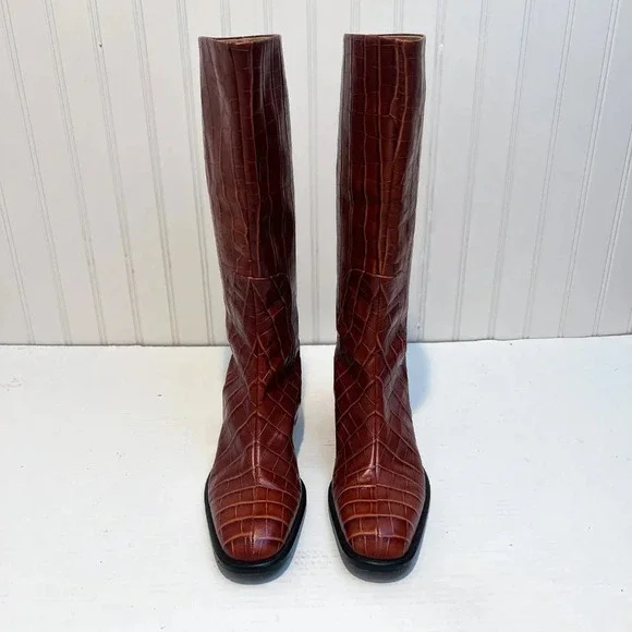 RARE Brock Collection Croc-Effect Cognac Leather Western Designer Riding Boots - Picture 3 of 12